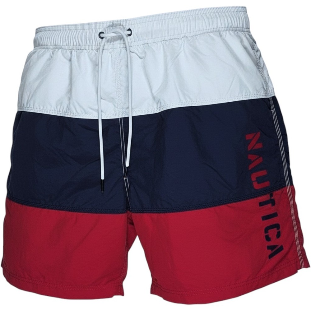 Nautica‎ Men's Colorblock Swim Trunks Navy White Red Logo Mesh Lined Size L